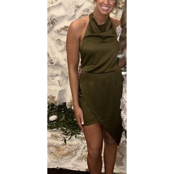 ELLIATT Camo Asymmetric Satin Cocktail Dress in Khaki Size X-Small - Picture 15 of 16